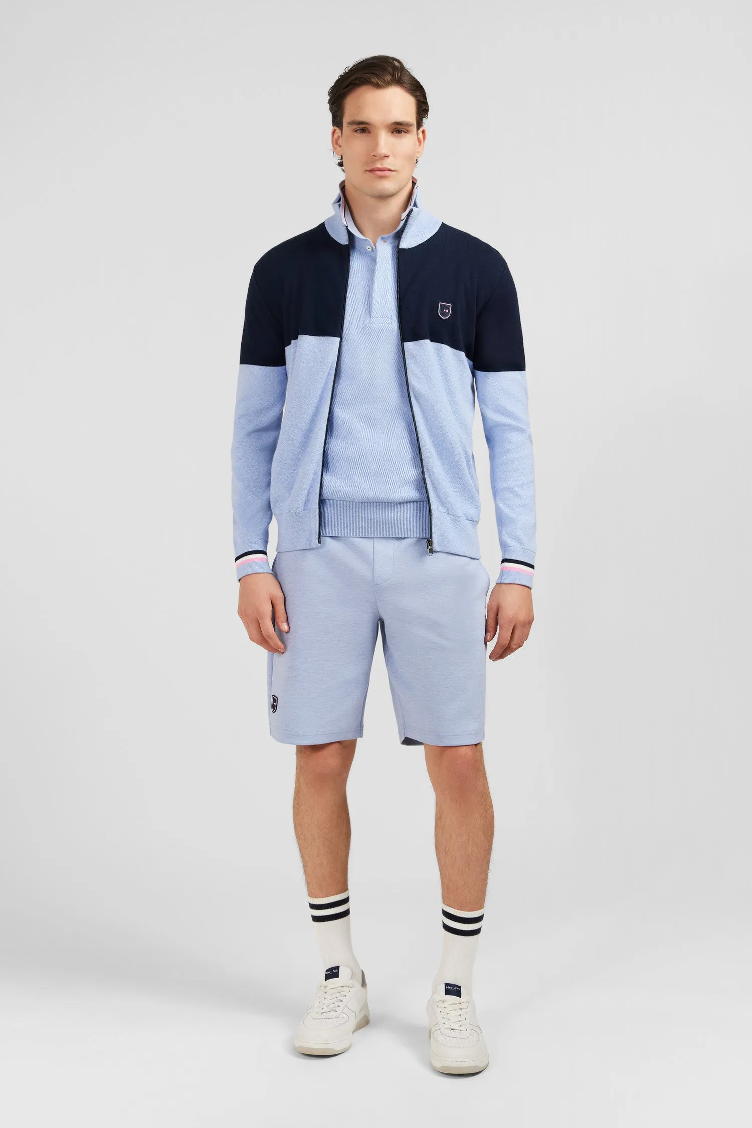 Cardigan zippé bleu colorblock