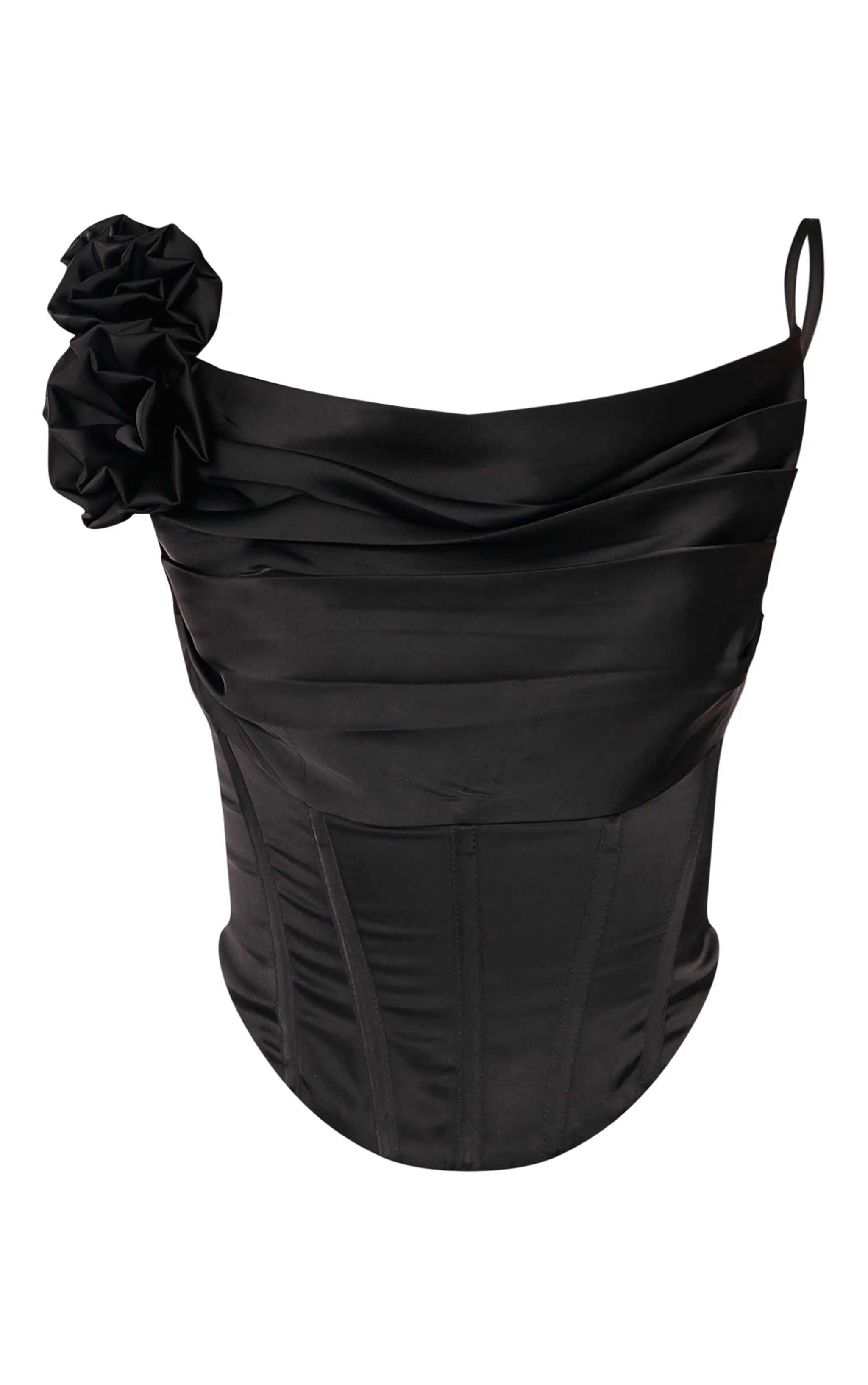 Corset asymétrique noir en satiné deluxe drapé