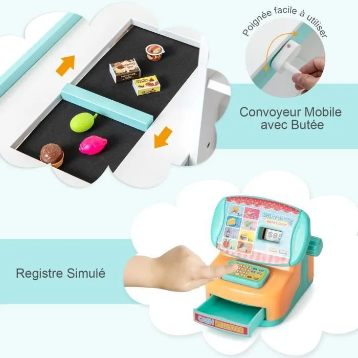 COSTWAY Marchande / Épicerie pour Enfants 3 Ans+, 39 Accessoires avec Lumières LED, Chariot de Courses et Tableau Noir