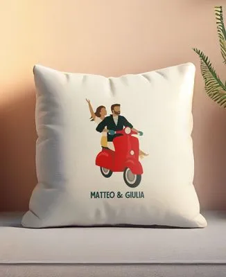 Coussin coeur Couple en scooter personnalisé