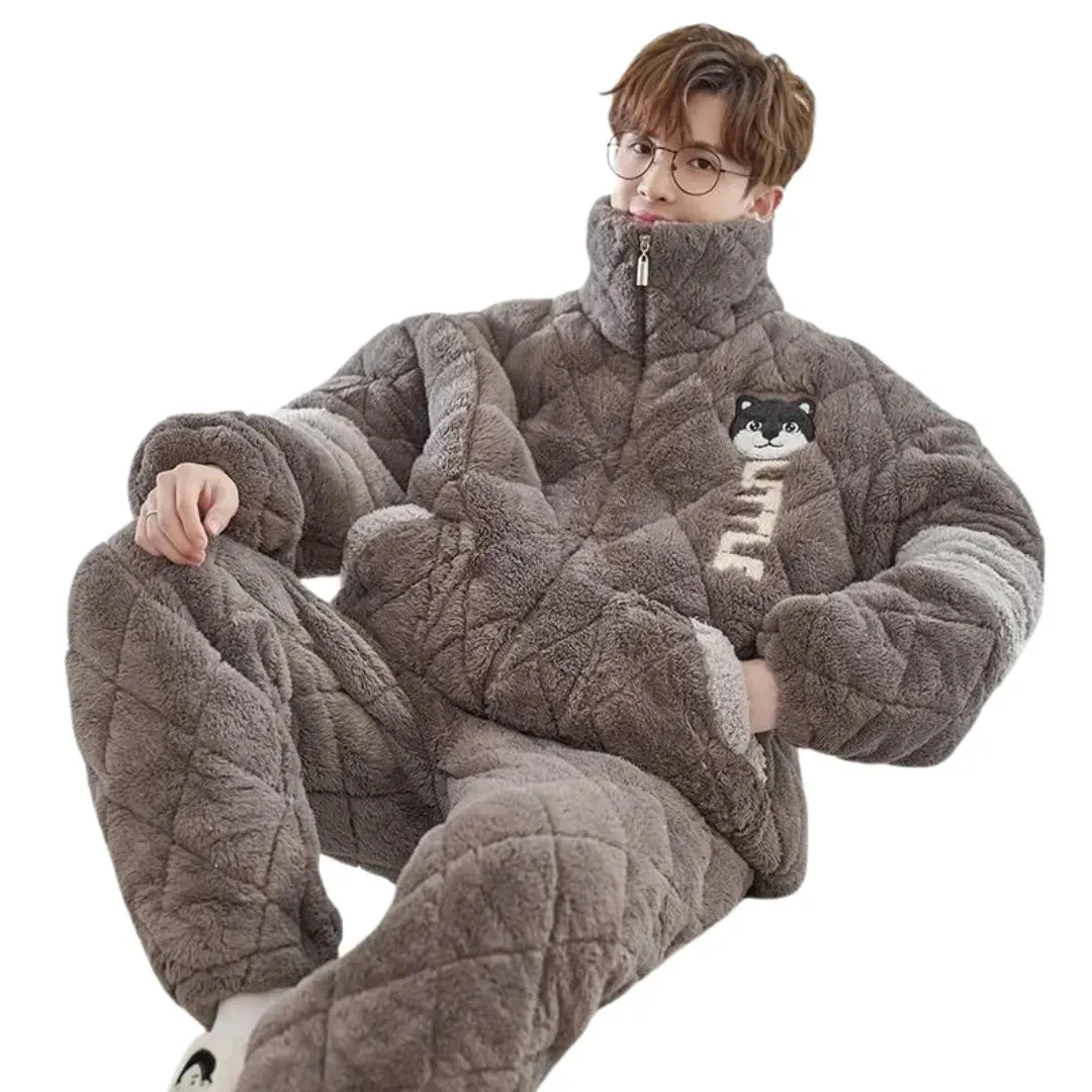 Ensemble de pyjamas avec veste rembourrée à trois couches en velours pour hommes
