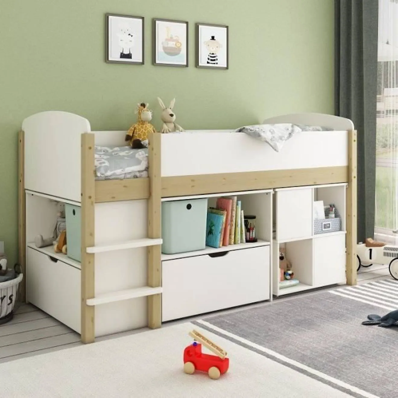 Lit mi-hauteur avec bureau et rangements en pin blanc 90x200 Ninon blanc - Alfred & Compagnie