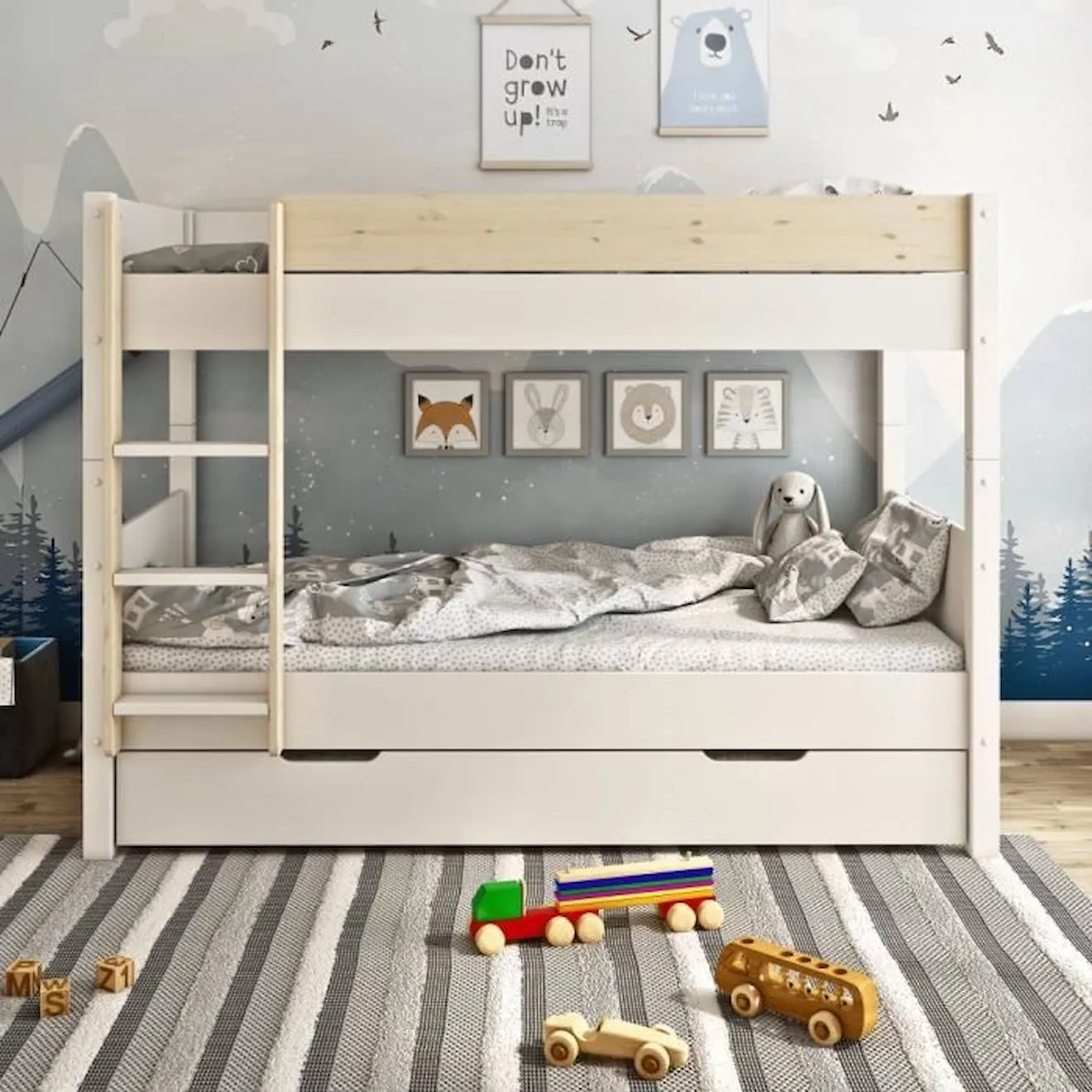 Lit superposé avec matelas en pin blanc et bois 90x200 H153 Achille blanc - Alfred & Compagnie