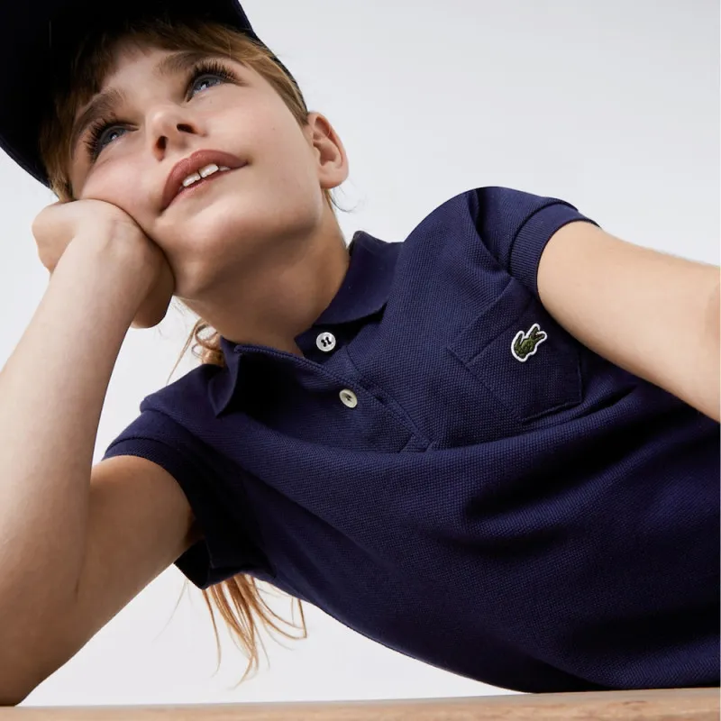 ROBE POLO FILLE LACOSTE EN PIQUÉ DE COTON UNI BLEU MARINE
