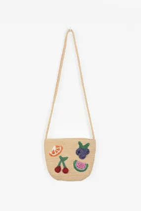 Sac bandoulière en paille avec fruits au crochet