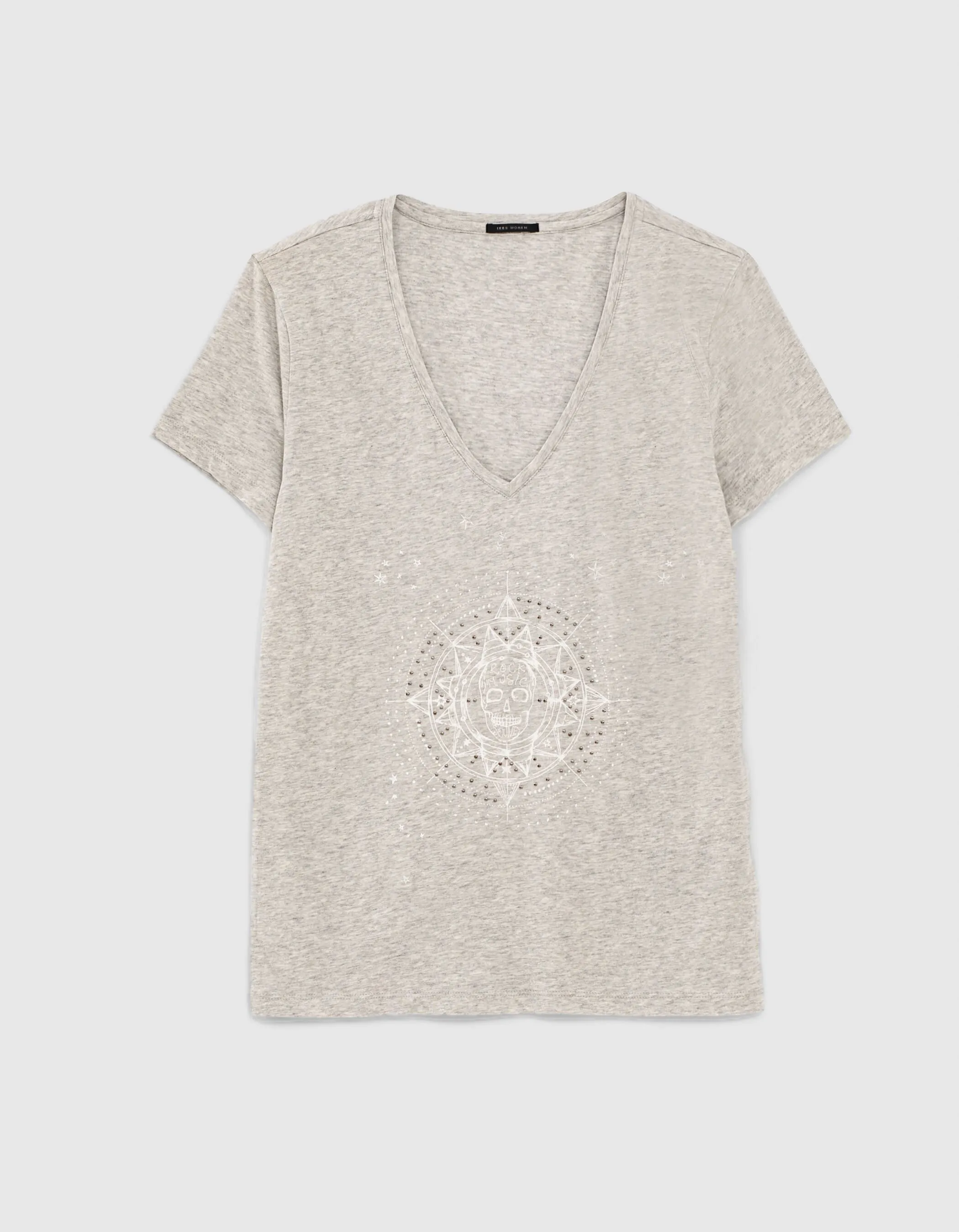 Tee-shirt col V gris coton flammé visuel imprimé