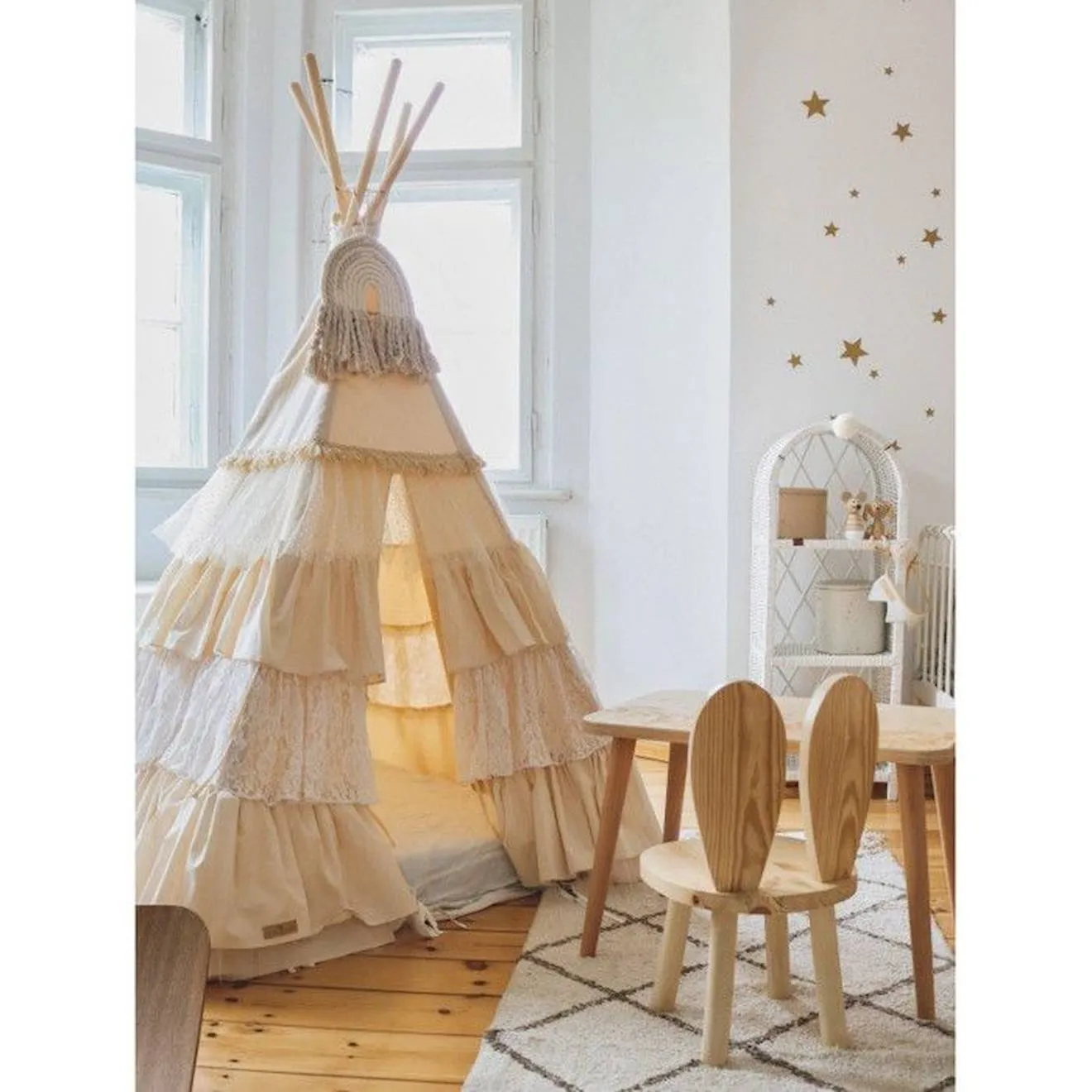 Tipi enfant Moi Mili Shabby Chic - Tissu 100% coton et tiges de pin - Blanc - 120x170cm blanc - 