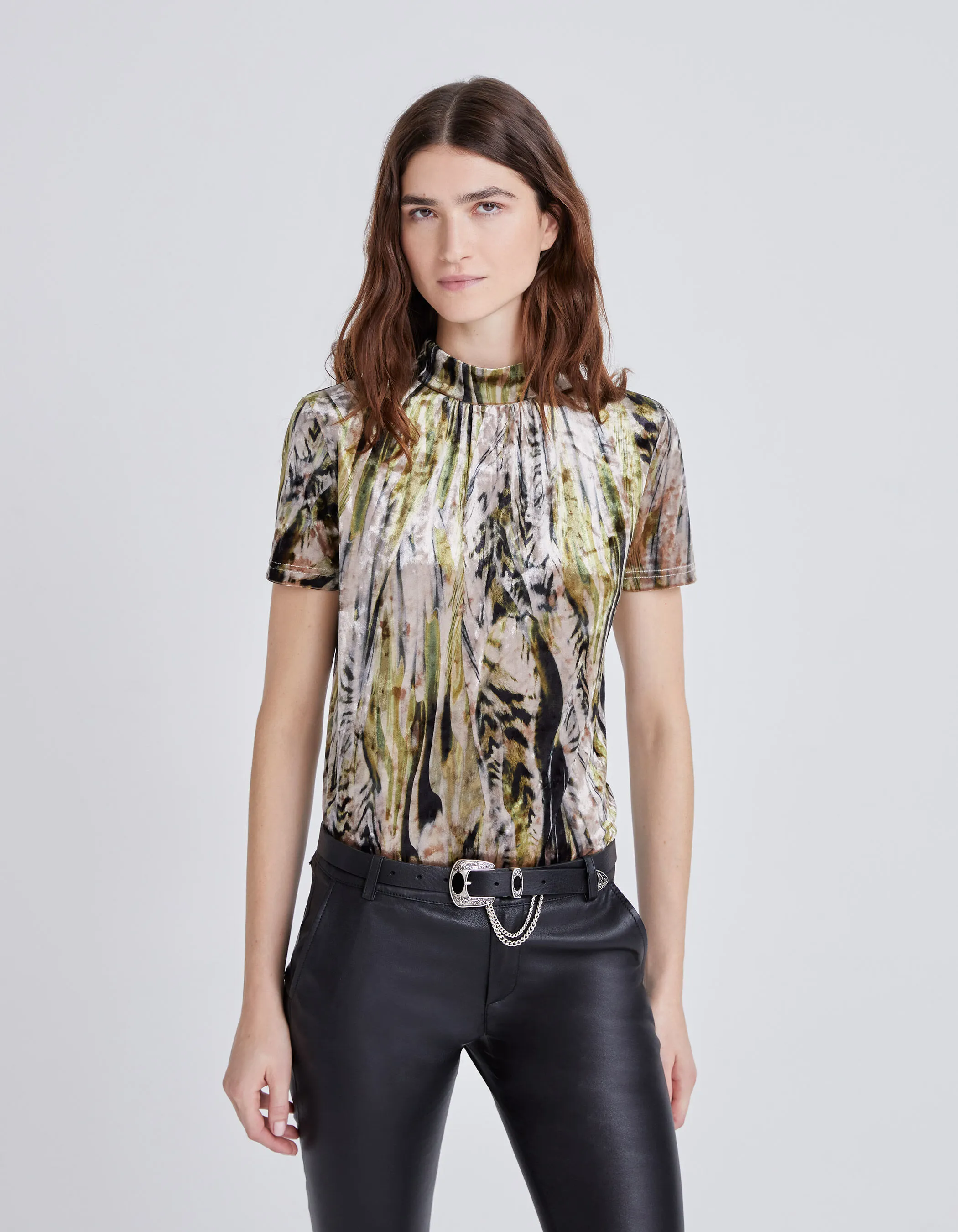 Top beige velours imprimé abstrait Femme