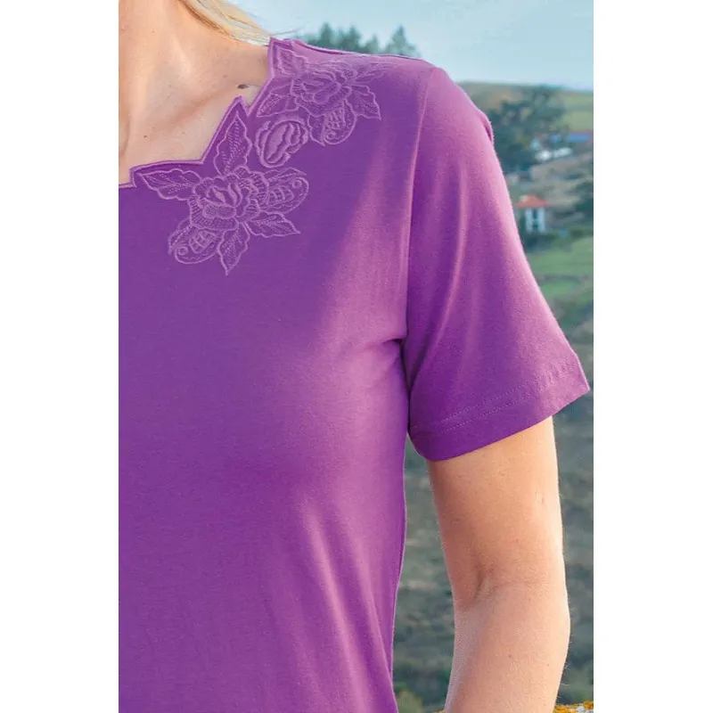 Top femme broderie col - manches courtes